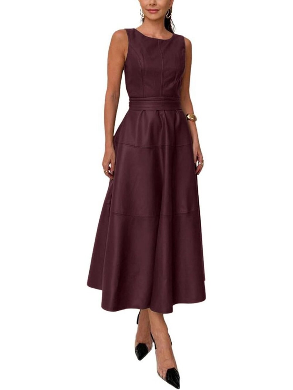 Women's Red Sleeveless Elegant Flowy with Belt Trendy Bow Tie Party Long Dress